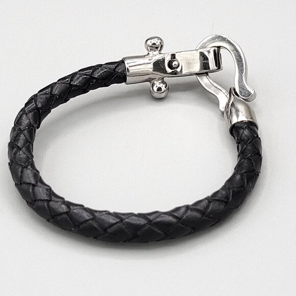 Stainless Steel Horseshoe Bangle Bracelet Black Cord Crystal Accents Snap Close - Picture 3 of 6